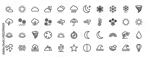 Weather and meteorology line icon set. Vector pictograms of sun, rain, snow, lightning, and wind, thin linear illustration.