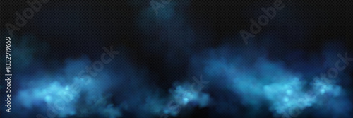 Vector realistic background with blue-blue smoke clouds on a dark transparent background. Detailed clouds with the effect of fog, smoke and soft glow. 