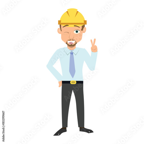 Happy construction worker winking and making a V-sign (peace or victory) gesture. Friendly and cool concept