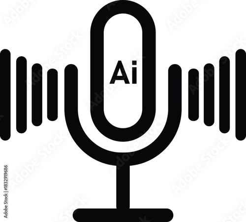 Bold AI microphone symbol featuring extended sound wave bars, ideal for voice control systems, recording interfaces, speech recognition apps, podcast branding, and digital assistant designs.