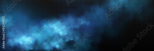 Vector realistic background with blue smoke clouds on a dark transparent background. Detailed clouds with the effect of fog, smoke and soft glow. Composition with smooth transitions and deep laye