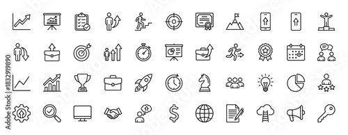 Business and strategy outline icon set. Vector pictograms of charts, targets, career, success, and finance, thin linear illustration.