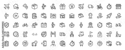 Logistics and delivery line icon set. Vector pictograms of shipping truck, warehouse, parcel, airplane, and calendar, thin linear illustration.