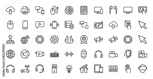 Technology and communication line icon set. Vector pictograms of devices, computing, networking, and media, thin linear illustration.
