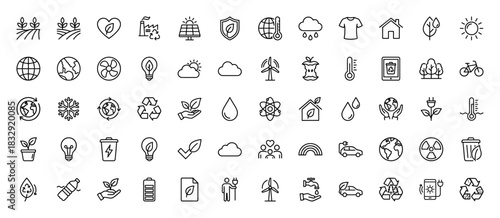 Ecology and environment line icon set. Vector pictograms of wind turbine, recycle, solar panel, water drop, and plant, thin linear illustration.