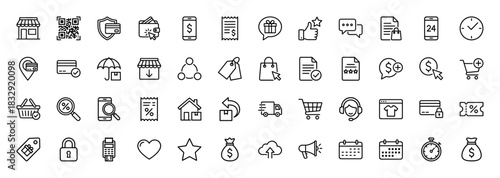 E-commerce line icon set. Vector pictograms of shopping carts, payment methods, delivery trucks, and discount tags, thin linear illustration.