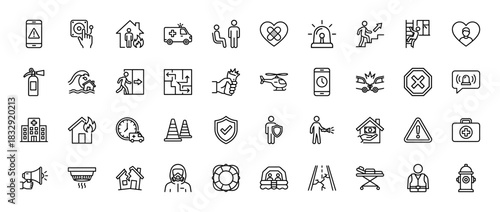 Emergency, safety, and rescue line icon set. Vector pictograms of fire, ambulance, first aid, and natural disaster, thin linear illustration.