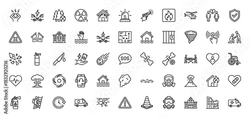 Emergency, disaster, and hazard line icon set. Vector pictograms of fire, hospital, accident, flood, and earthquake, thin linear illustration.