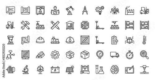 Industrial manufacturing and logistics line icon set. Vector pictograms of engineer, blueprint, factory, warehouse, and packaging, thin linear illustration.