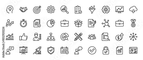 Business and management line icon set. vector pictograms of strategy, analysis, planning, development, and success, thin linear illustration.