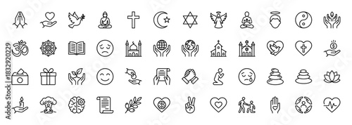 Religion and charity line icon set. Vector pictograms of praying hands, cross, dove, buddha, om, mosque, church, synagogue, donation box, thin linear illustration.