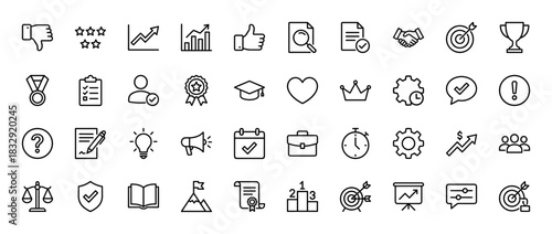 Business and success line icon set. Vector pictograms of handshake, trophy, chart, target, and certificate, thin linear illustration.