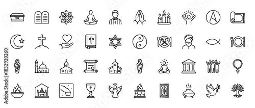 Religion and spirituality line icon set. Vector pictograms of cross, prayer hands, church, bible, and meditating figure, thin linear illustration.