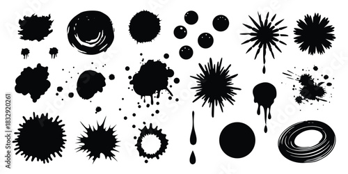 Collection of varied black ink blots and splatters for artistic design and decoration use

