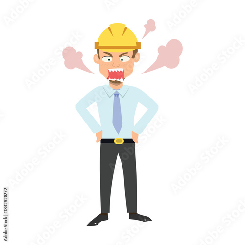 Furious cartoon construction worker or boss looking very angry with steam blowing from his ears. Stress and frustration concept