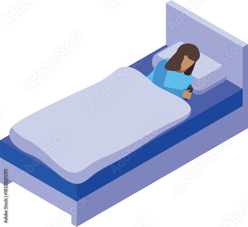 Young woman lying in bed using smartphone before sleeping, late night phone use, sleep deprivation