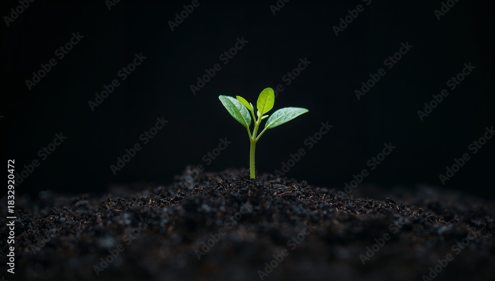 Naklejka premium Green Seedling Growing from Dark Soil in Captivating Natural Scene