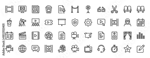Movie and cinema entertainment line icon set. Vector pictograms of camera, ticket, clapperboard, spotlight, and film reel, thin linear illustration.