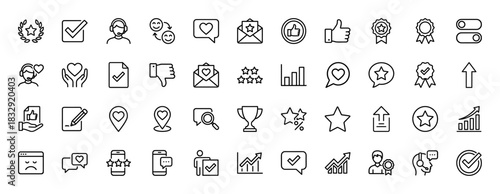 Customer feedback line icon set. Vector pictograms of thumbs up, review stars, support headset, heart, award medal, checkmark and testimonial, thin linear illustration.