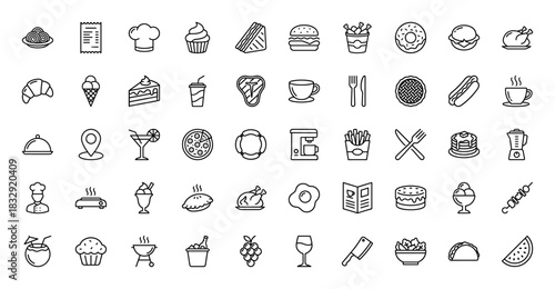 Food and restaurant line icon set. Vector pictograms of fast food, beverages, desserts, and kitchen equipment, thin linear illustration.
