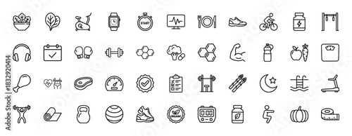 Health and fitness line icon set. Vector pictograms of gym equipment, supplements, food, and wellness items, thin linear illustration.
