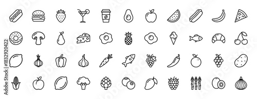 Food and beverage outline icon set. Vector pictograms of hamburger, coffee, fruit, vegetables, and dessert, thin linear illustration.