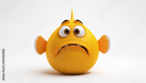 Sad expression of a cartoon yellow fish on a plain white background