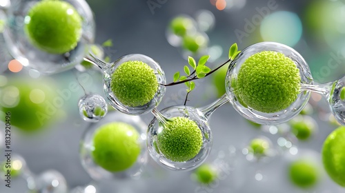 Interconnected Molecular Structure with Green Textured Spheres and Transparent Glass-Like Connections with Tiny Green Leaves, Representing Organic Chemistry with 4k Detail