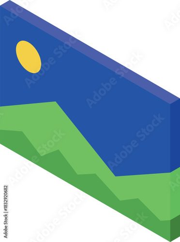 Digital isometric painting representing an art gallery piece, displaying a simple landscape with green hills, blue sky and yellow sun