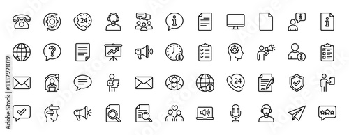 Customer service and support line icon set. Vector pictograms of headset, phone, email, clock, and globe, thin linear illustration.