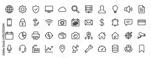 Business and technology line icon set. Vector pictograms of server, cloud, phone, mail, calendar, camera, wallet, graph, factory and home, thin linear illustration.