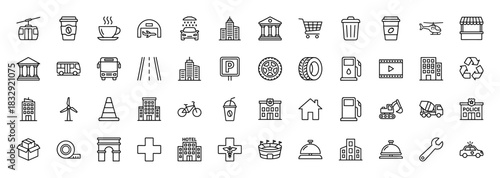 City and urban transportation line icon set. Vector pictograms of skyscraper, car wash, airport hangar, coffee, police, and stadium, thin linear illustration.