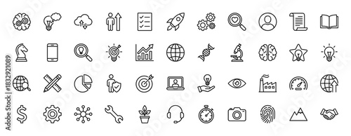 Business and strategy line icon set. Vector pictograms of idea, finance, research, analysis, and data, thin linear illustration.