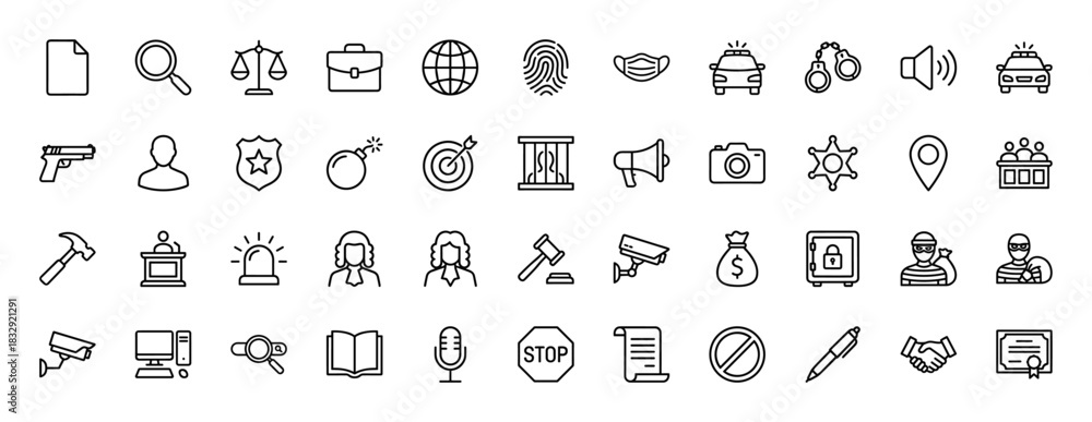 Fototapeta premium Law and justice line icon set. Vector pictograms of police car, gavel, handcuffs, and judge, thin linear illustration.