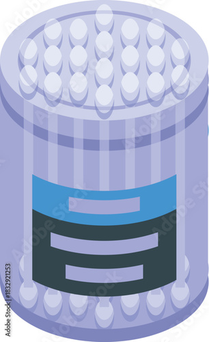 Round storage container for cotton swabs with blue and black label, ready for use