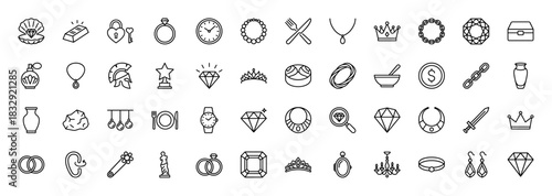 Jewelry and luxury line icon set. vector pictograms of diamond, pearl, crown, ring, necklace, and gold bar, thin linear illustration.
