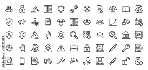 Justice and law line icon set. Vector pictograms of handcuffs, judge gavel, safe, megaphone, shield, and calendar, thin linear illustration.