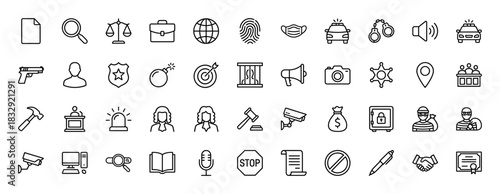 Law and justice line icon set. Vector pictograms of police car, gavel, handcuffs, and judge, thin linear illustration.