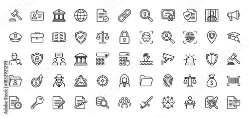 Law and justice line icon set. Vector pictograms of gavel, scale, handcuffs, shield, and contract, thin linear illustration.