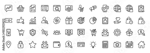 E-commerce and marketing line icon set. Vector pictograms of shopping, analytics, finance, and delivery, thin linear illustration.
