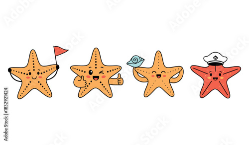 Cartoon starfish characters with flags, thumbs up, shell, and sailor hat