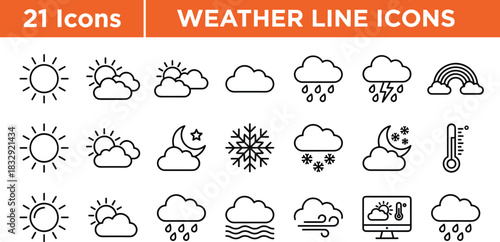 Modern editable weather line icon set featuring sun, clouds, rain, storms, temperature symbols, seasonal elements, and climate forecasting visuals.