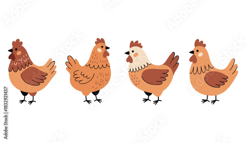 Cartoon style illustrations of four brown chickens in various poses