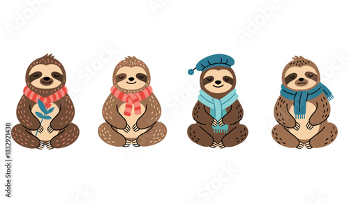 Cute cartoon sloths in scarves and hats with diverse accessories