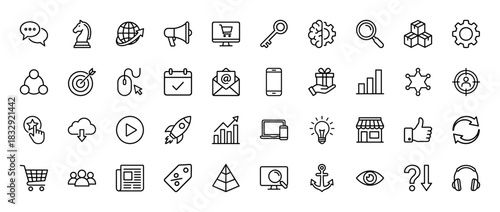 Business and marketing line icon set. Vector pictograms of megaphone, brain, global network, shopping cart, and data analysis, thin linear illustration.