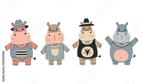 Cartoon hippos in different outfits and hats on white background