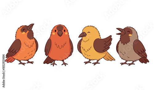 Cartoon birds illustration: colorful and cute characters in various poses