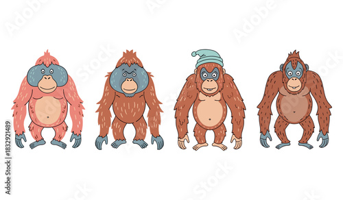 Cartoon orangutans illustration with red and brown fur and accessories