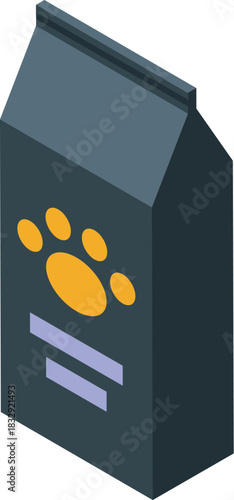 Isometric view of a sealed gray container of dry pet food featuring a paw print logo, suggesting nourishment and care for pets