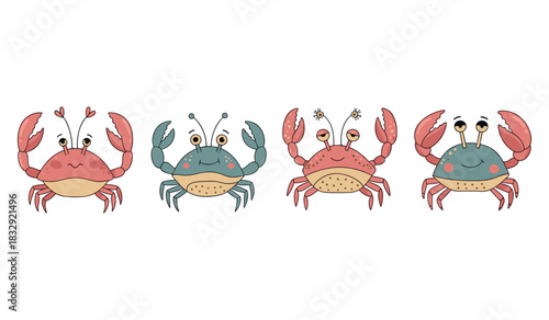 Four cute cartoon crabs with unique expressions and colorful claws